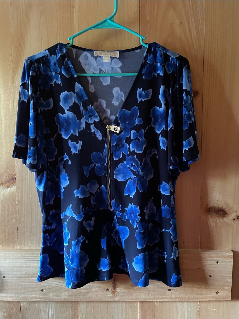 🌸Michael Kors Black Top with Blue Floral Zip Front🌸